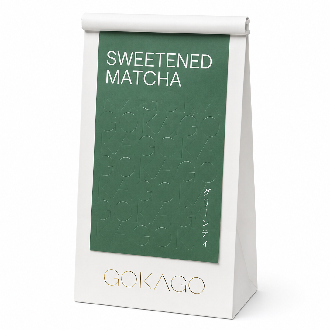 Gokago sweetened matcha packaging on a white background