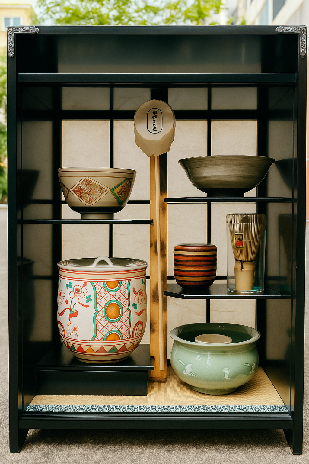 Very rare Japanese Matcha Tea Ceremony Set And Storage Shelf
