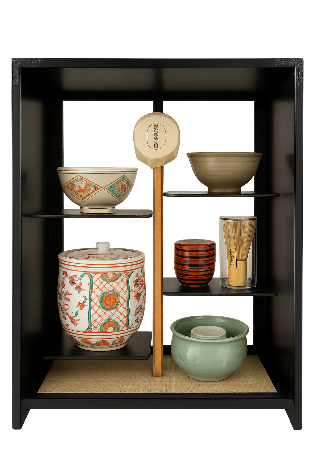 Very rare Japanese Matcha Tea Ceremony Set And Storage Shelf