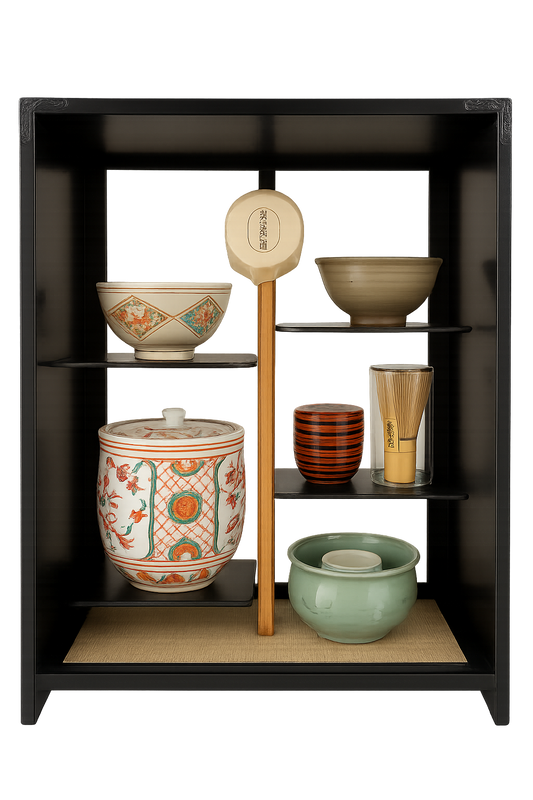 Very rare Japanese Matcha Tea Ceremony Set And Storage Shelf